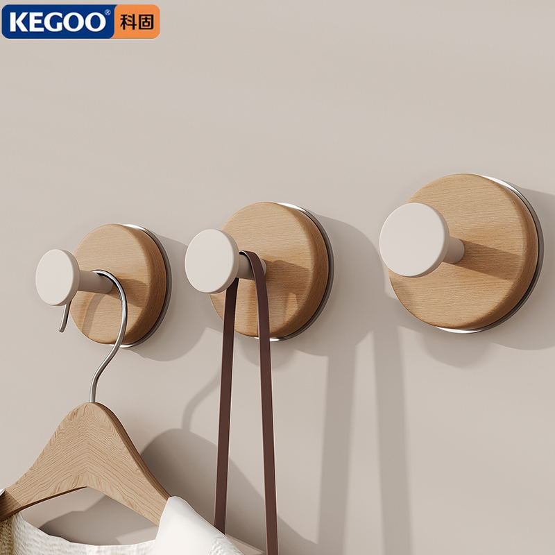 科固原木挂钩免打孔门后挂衣钩胡桃木玄关衣架壁挂式厨房收纳粘钩