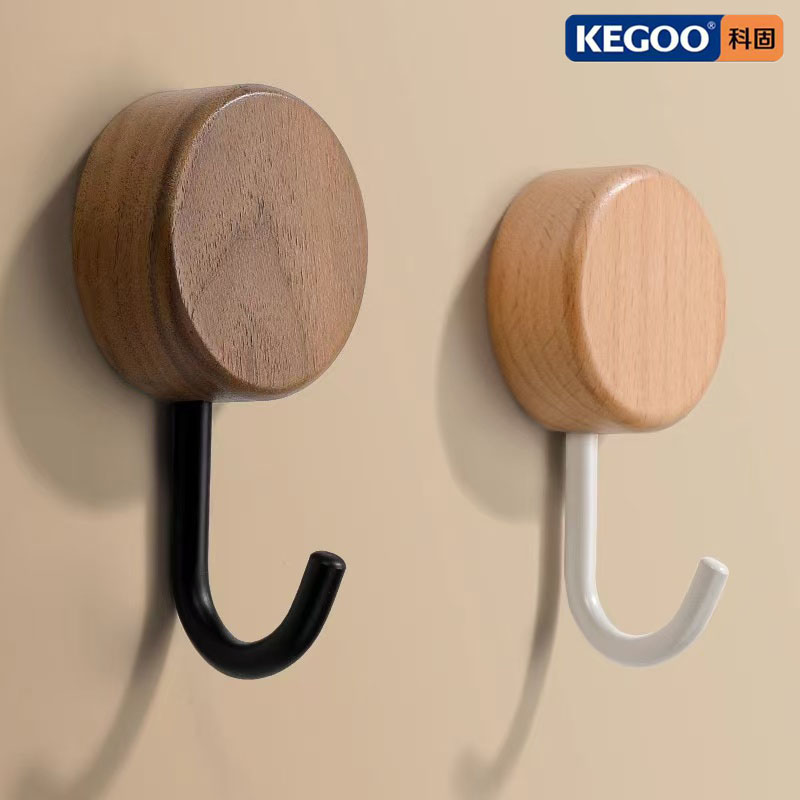科固收纳挂钩免打孔门后原木挂衣钩胡桃木宿舍衣架壁挂式厨房粘钩
