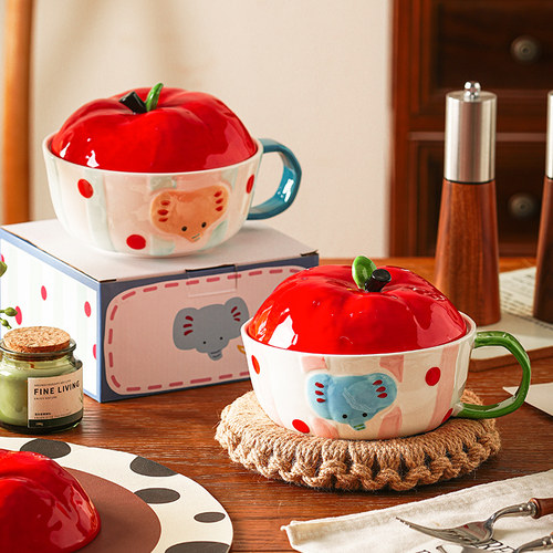 可爱釉下彩泡面碗带盖陶瓷食堂打饭碗个人专用宿舍学生方便面碗筷