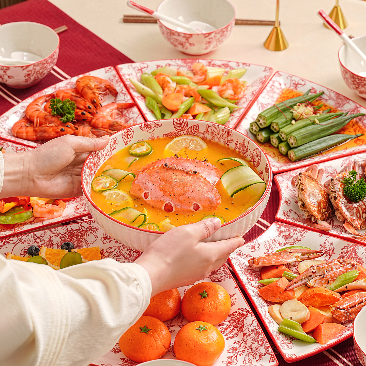 2025新款高档年夜饭家庭陶瓷碗碟套装家用扇形团圆饭拼盘组合餐具