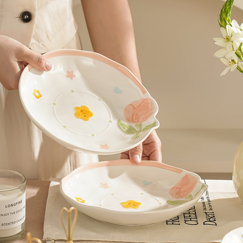 陶瓷盘子菜盘家用组合菜盘子牛排餐盘漂亮盘子in风圆盘釉下彩碟子