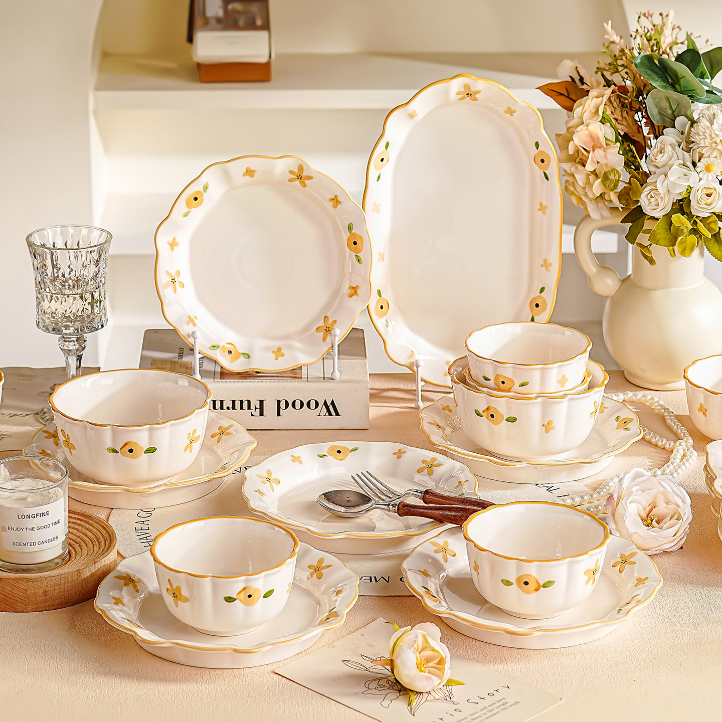 陶瓷碗家用2025新款高颜值碗盘套装家用碗具碗碟筷釉下彩餐具套装