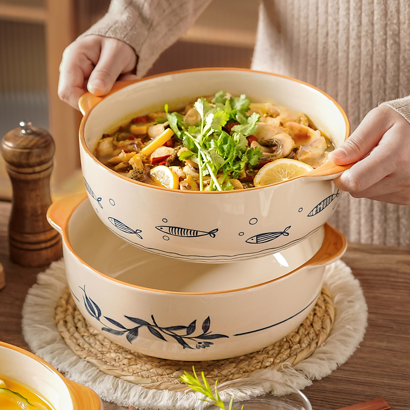 日式双耳酸菜鱼家用2025新款陶瓷餐具高颜值加厚防烫大汤碗大盆碗
