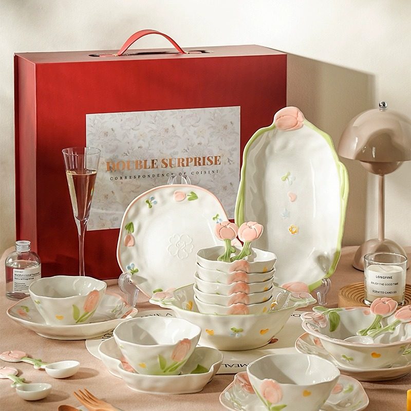 清新碗碟套装法式釉下彩餐具套装漂亮餐具高级感小众碗女生高颜值