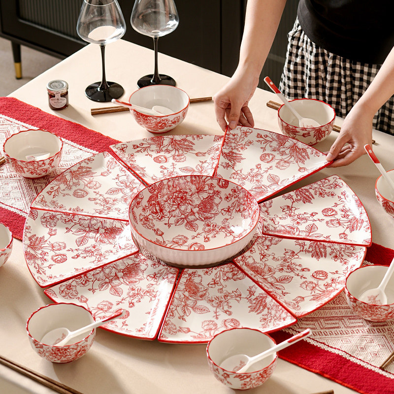 玫瑰喜庆红拼盘餐具组合家用团圆过年聚餐碗筷盘套装2026新款结婚,餐饮具,盘,淘宝优惠券,粉丝福利购,淘宝优惠卷