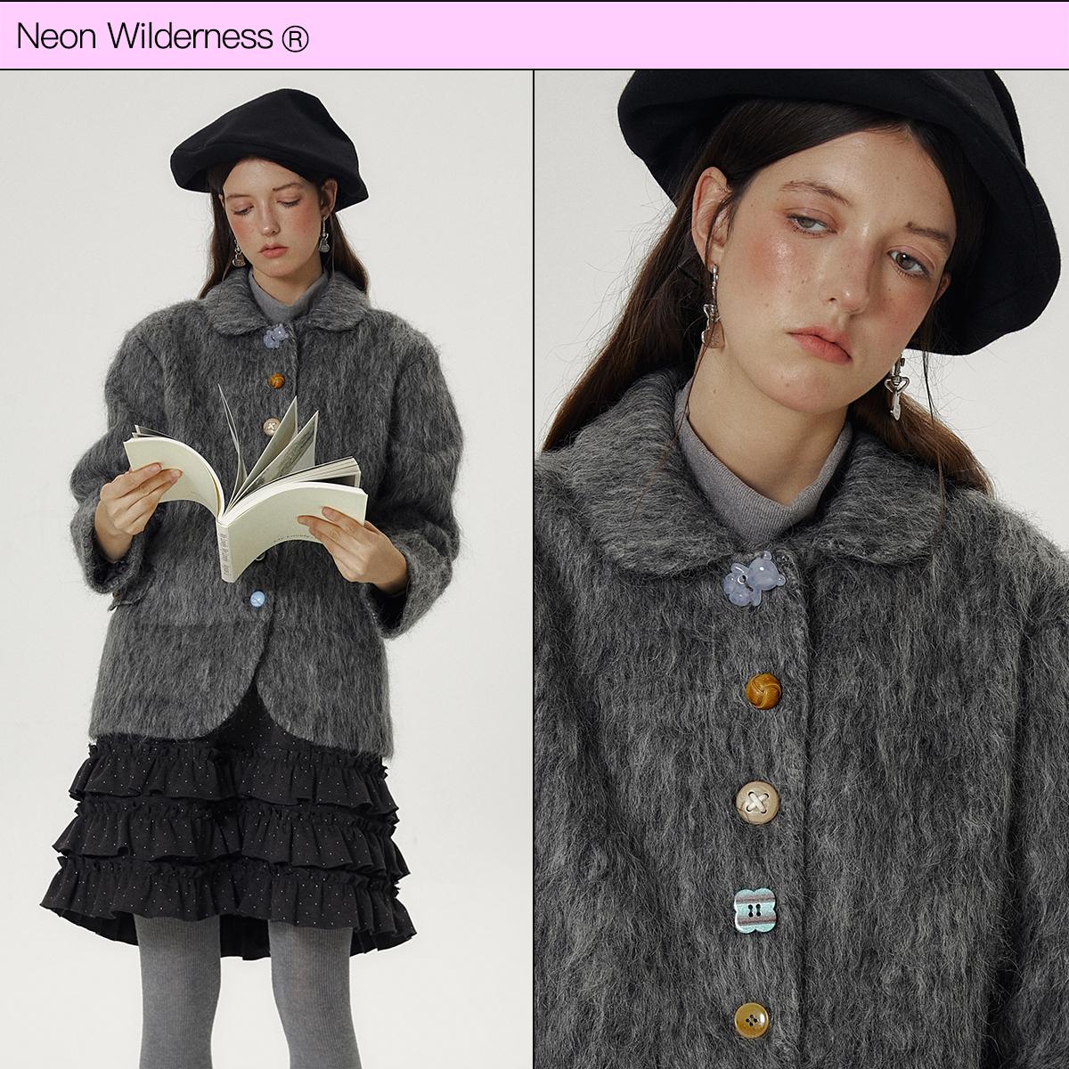 霓虹大荒野® 长毛质感灰色西装大衣多彩纽扣外套