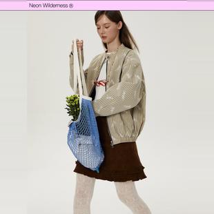 浅卡其条纹拉链外套 复古夹克 霓虹大荒野® 蕾丝花朵美式