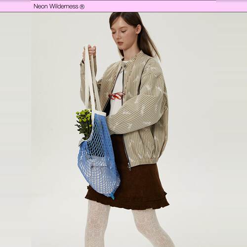 霓虹大荒野® 蕾丝花朵美式复古夹克 浅卡其条纹拉链外套