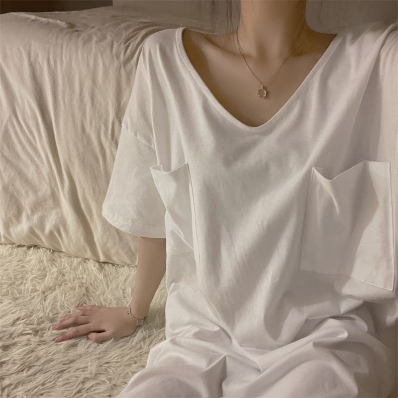 日系慵懒风短袖大白t睡衣裙纯棉v