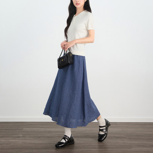 2026年夏季新款复古100%亚麻格纹半身裙女高腰A字显瘦气质中长裙