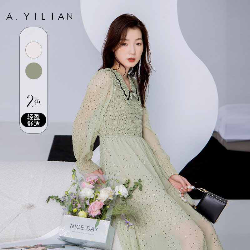 阿依莲2022年春季新款甜美花边领连衣裙