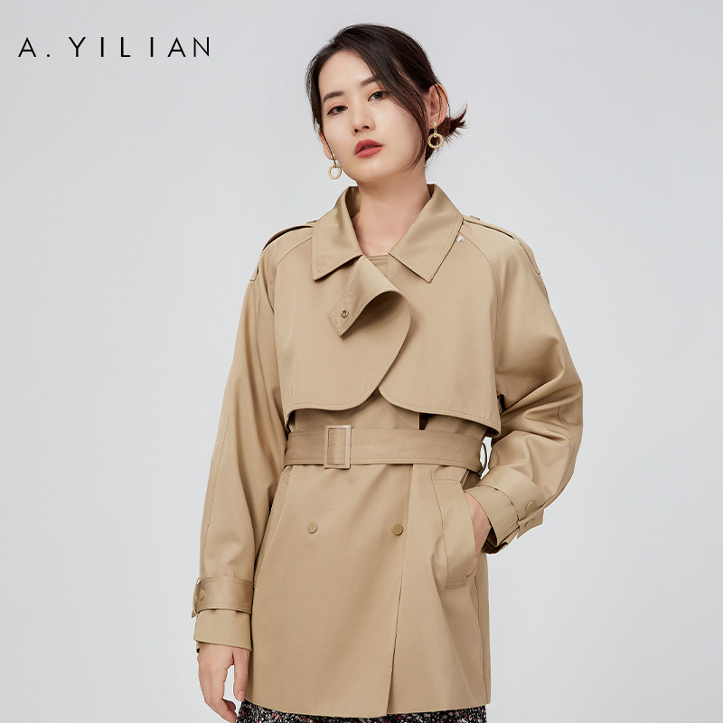 阿依莲2021秋冬季新款女士上衣收腰外套双层翻领风衣