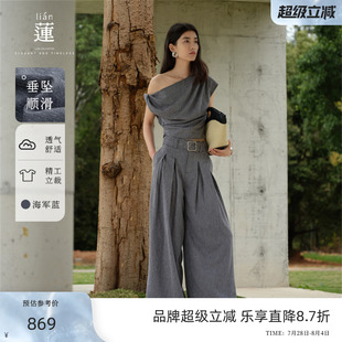女2025夏季 阿依蓮職場套裝 新款 商場同款 兩件套斜肩上衣闊腿褲