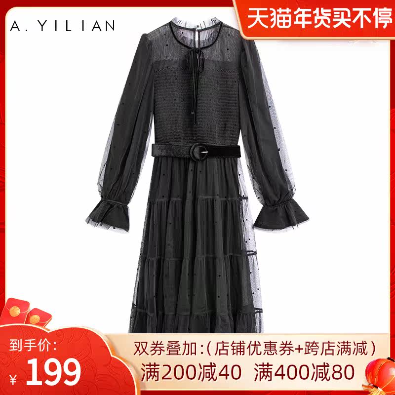 阿依莲2022春季连衣裙拼接喇叭袖网纱网纱透视长袖小黑裙时尚气质