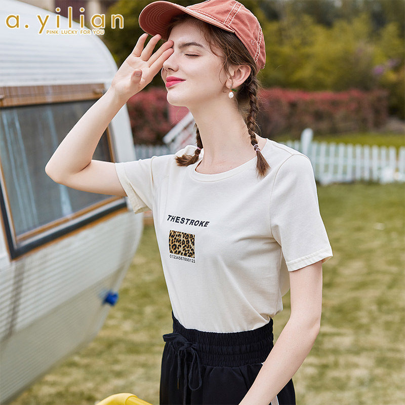 阿依莲t恤女2020夏季新款时尚百搭纯棉休闲豹纹印花针织上衣