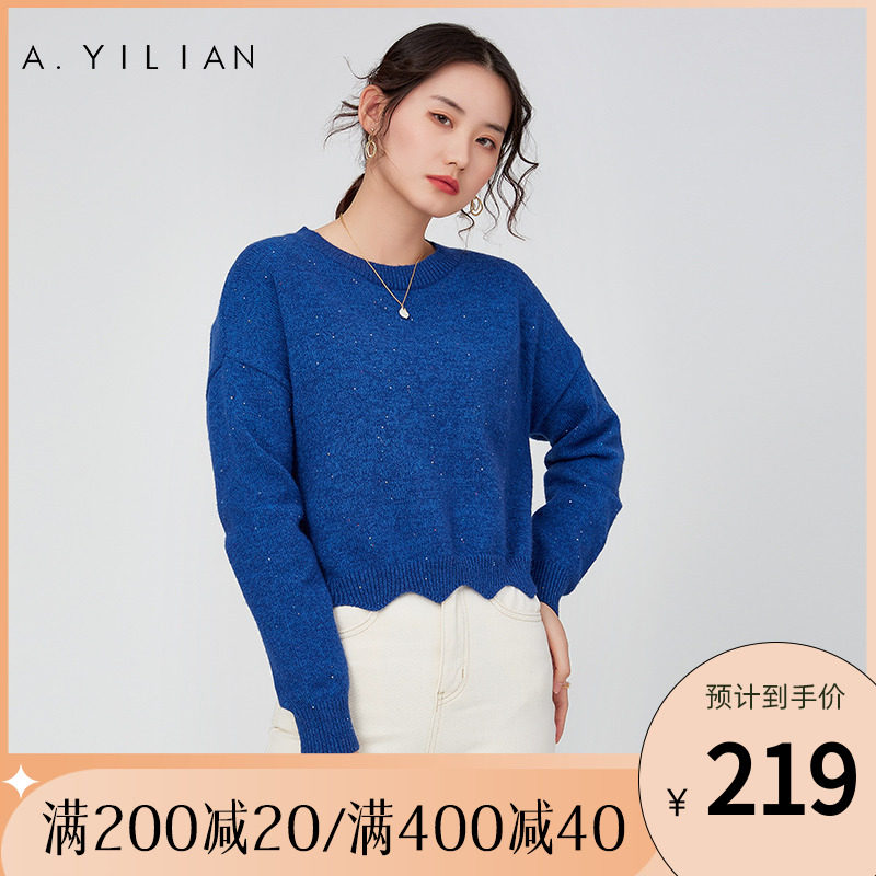 阿依莲秋冬圆领长袖针织衫女珠片纱亮闪设计套头毛衣休闲百搭