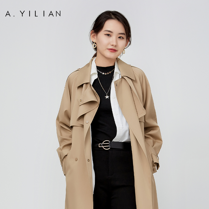 阿依莲秋季气质简约风衣外套女长款休闲显瘦双层翻领外套
