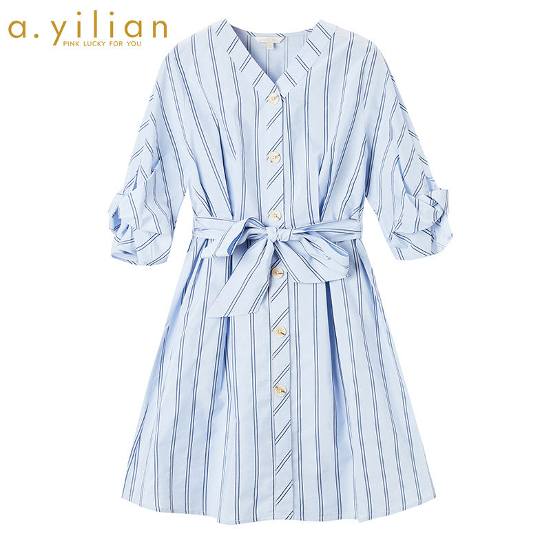 阿依莲连衣裙女2020新款夏季时尚收腰显瘦精致气质条纹中长裙