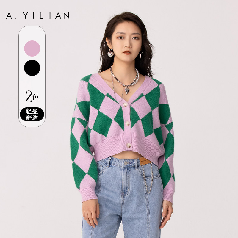 【商场同款】阿依莲2022格纹V领短款女外套减龄百搭休闲毛织开衫