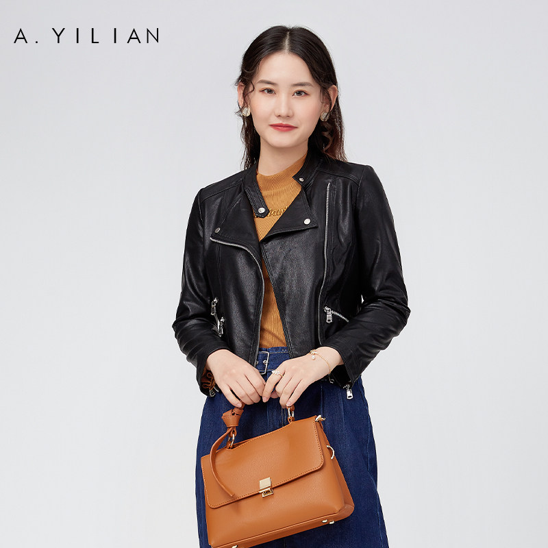 阿依莲纯色修身百搭气质PU皮衣帅气时尚个性大码休闲外套