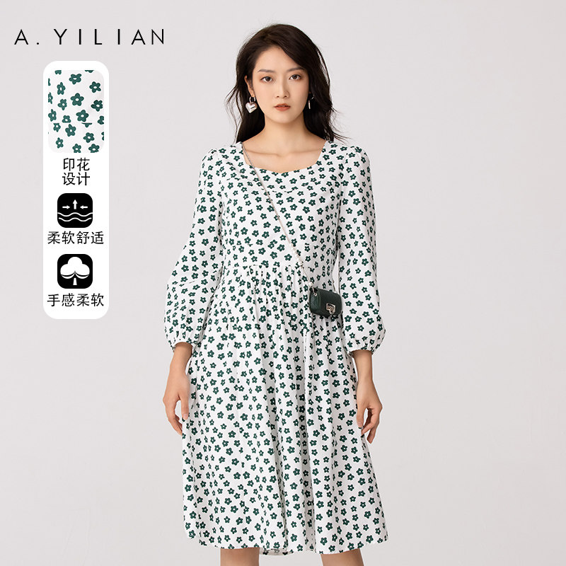 【商场同款】阿依莲法式复古连衣裙中长款印花简约风飘逸连衣群
