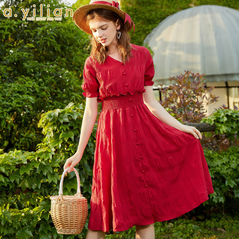 阿依莲连衣裙女夏2020新款百搭收腰显瘦V领松紧腰裙子