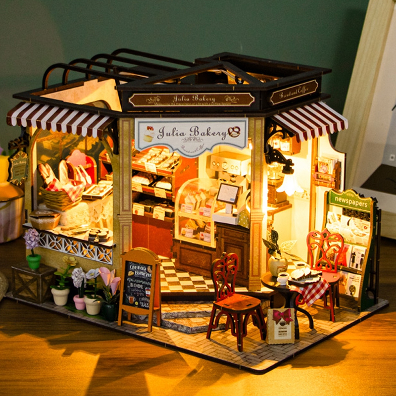 木质模型3D立体拼图面包咖啡店