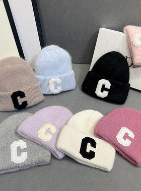 韩国新款兔毛针织帽女时尚网红C家字母糖果色毛线帽子护耳保暖帽