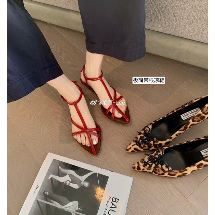 葡萄妈同款 海岛日记~法式交叉细带优雅尖头露趾罗马凉鞋女夏休闲