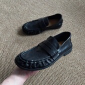 懒人慵懒单鞋 暗黑复古休闲皮鞋 做旧乐福鞋 褶皱豆豆鞋 男女款 德比鞋