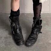 暗黑复古褶皱皮带扣哥特短靴女靴编织中筒西部牛仔靴朋克骑士靴男