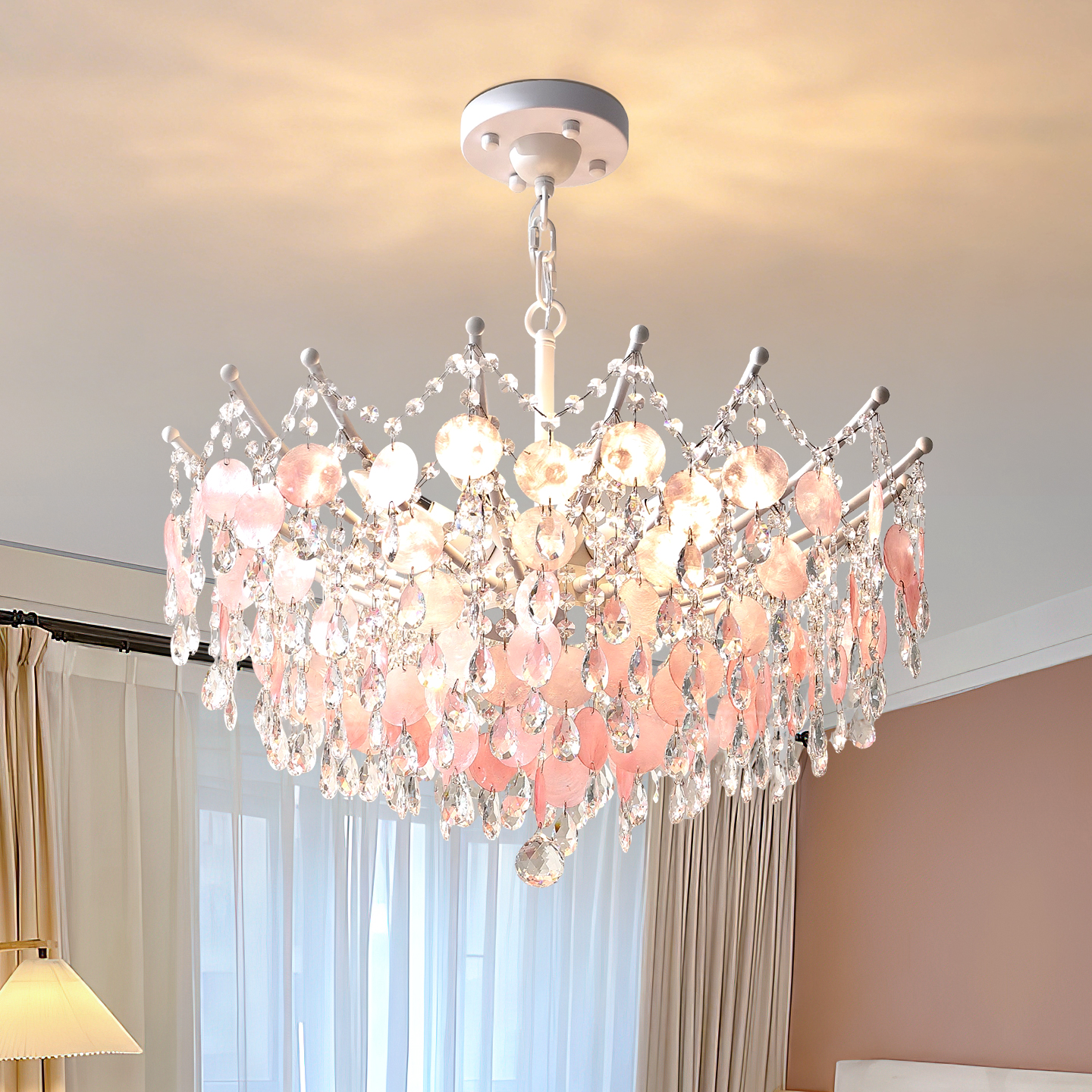 卓伦法式复古客厅水晶吊灯轻奢护眼三色光温馨浪漫艺术彩色贝壳灯