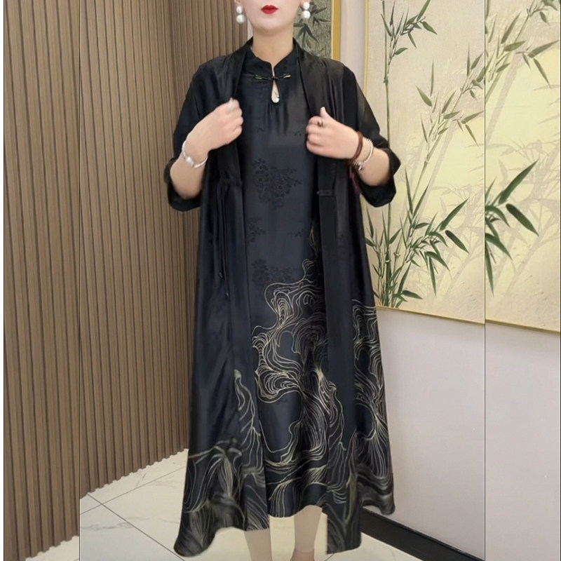 夏季套装裙子女桑蚕丝中年妈妈装宽松大码中长款真丝缎面两件套潮