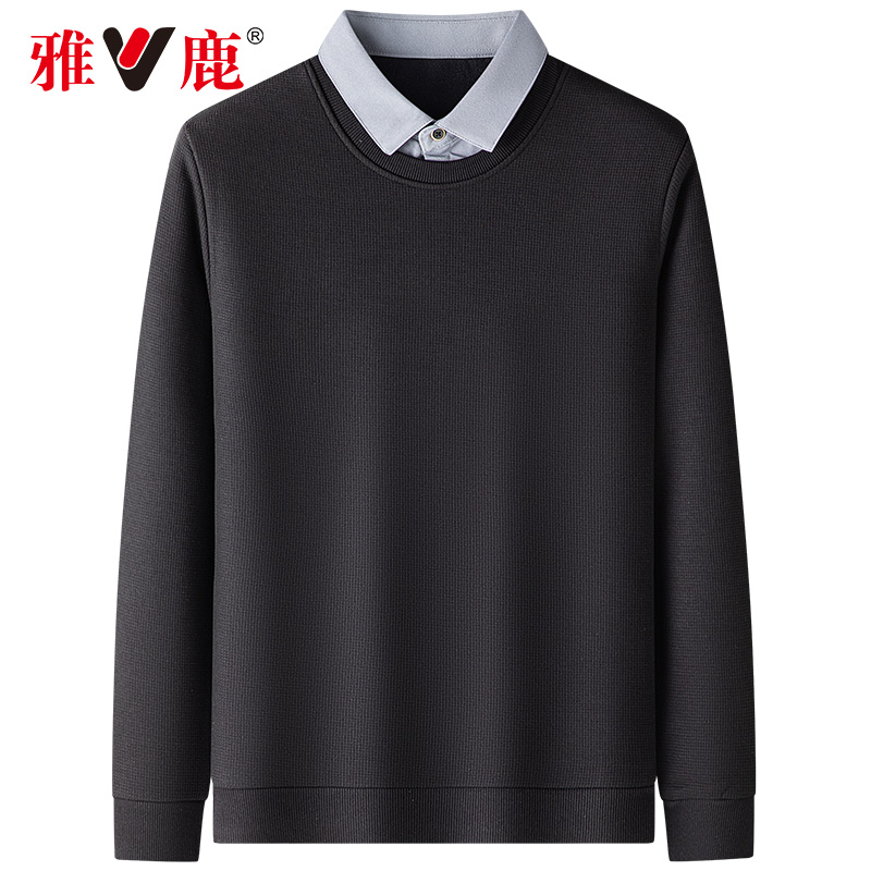 雅鹿毛衣男士2024秋冬新款翻领假两件羊毛休闲舒适打底针织衫