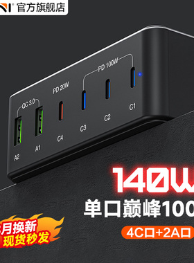 Kini氮化镓六口140W充电器USB-C口多口PD100W快充手机平板笔记本电脑适配器适用苹果华为iPhone17Pro/MacBook