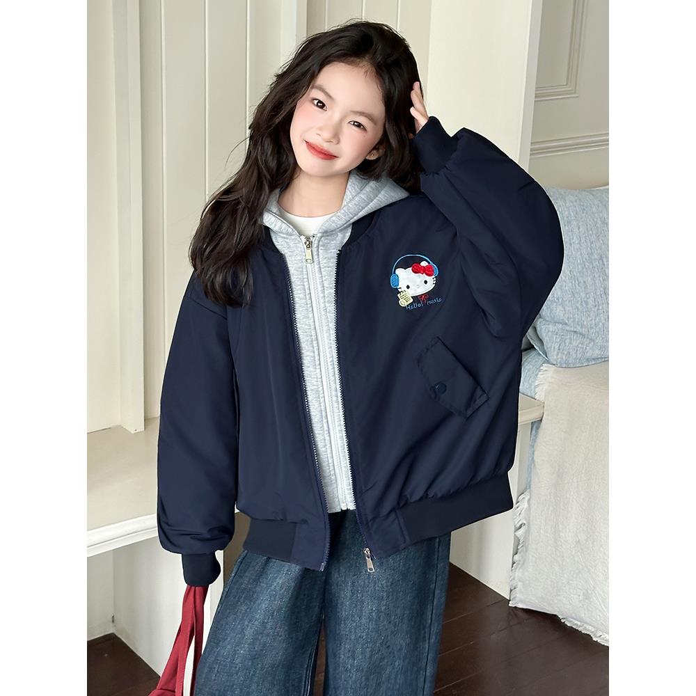 女童加绒外套秋冬款2025新款女孩KT猫夹棉棒球服儿童冬季加厚上衣