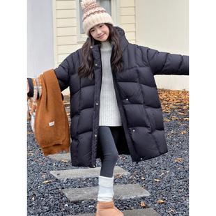 女童羽绒服外套2025新款黑色中长款过膝羽绒服女连帽加厚90白鸭绒