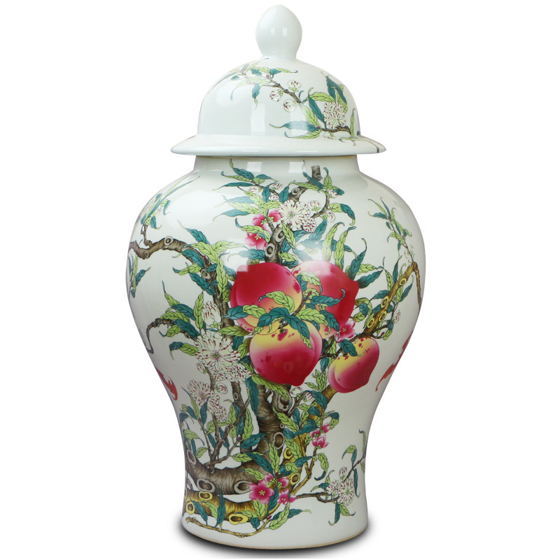 粉彩瓷器仿古桃子福寿图将军罐储物罐 景德镇落地大陶瓷花瓶摆件