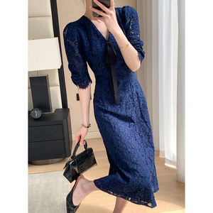 大码蕾丝连衣裙女夏季新款蓝色绝美名媛法式复古气质裙子轻奢高端