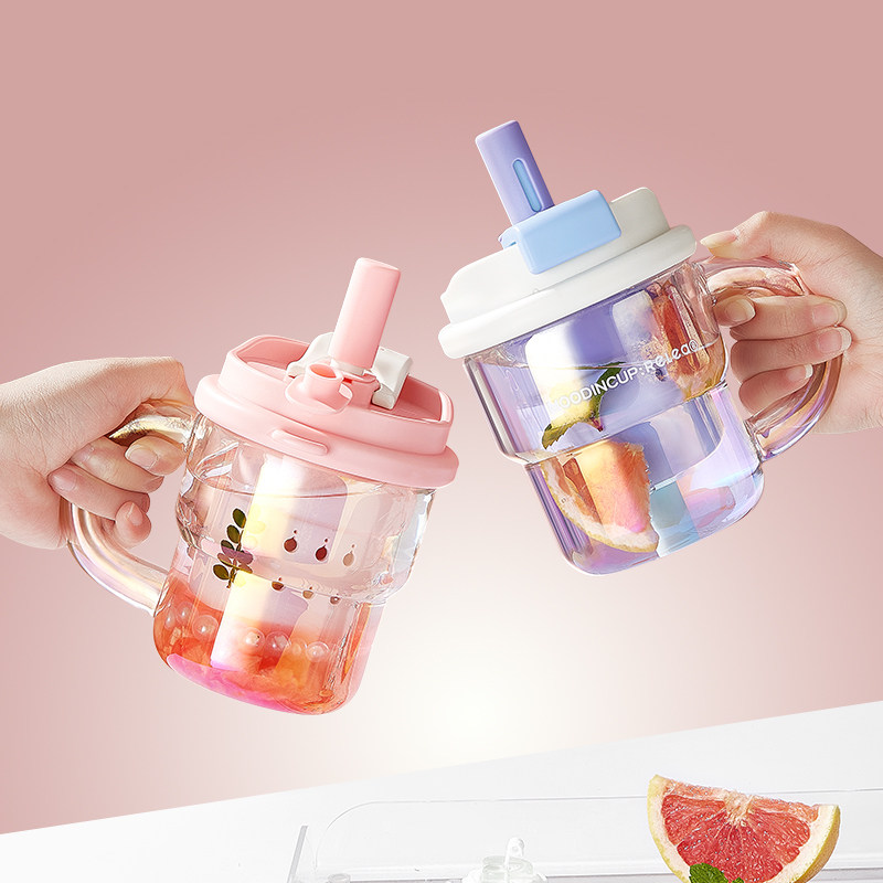 物生物玻璃杯女士高颜值吸管水杯茶水分离杯大容量高硼硅泡茶杯子