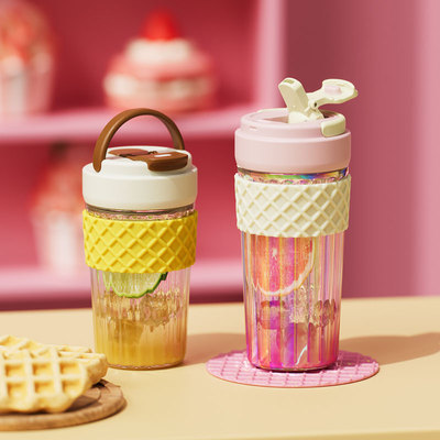 脆脆蛋筒手提双饮玻璃杯女高颜值咖啡吸管水杯子