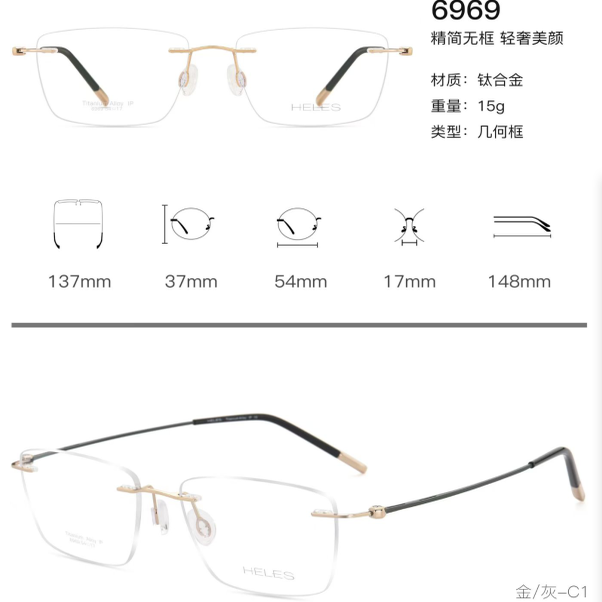 正品海伦丝HELES商务纯钛无框近视眼镜架镜框多边形男女款6969