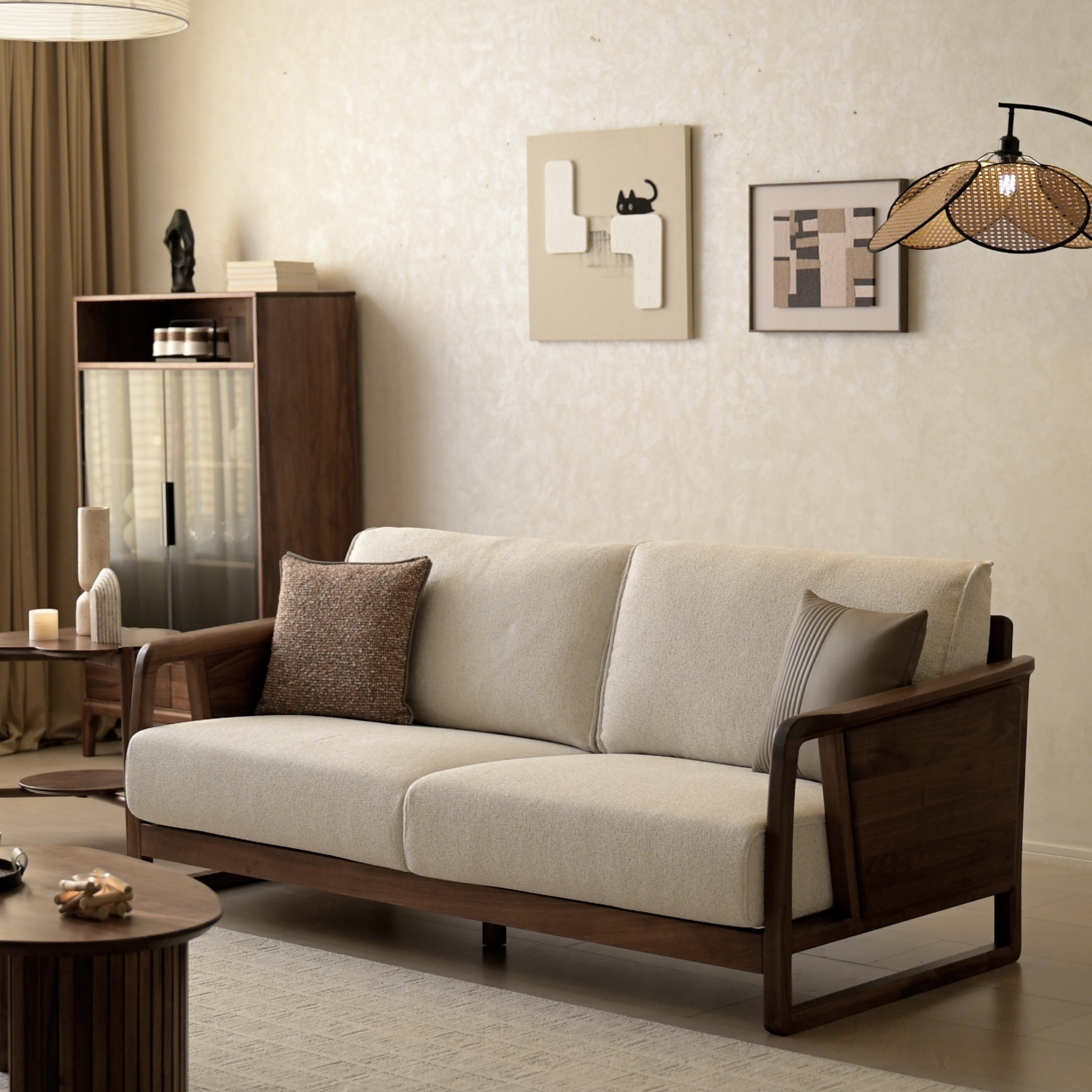 苏庐北美黑胡桃布艺沙发实木现代简约小户型客厅原木直排家具