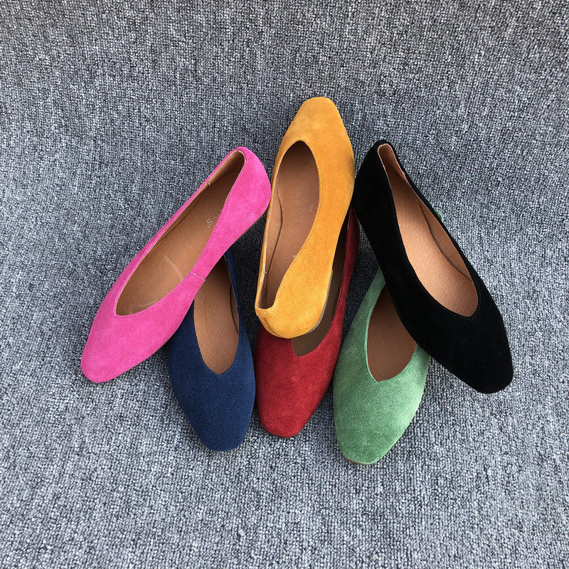 新款磨砂皮真皮单鞋女方头V口浅口简约百搭平底鞋软皮软底奶奶鞋