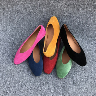 新款磨砂皮真皮单鞋女方头V口浅口简约百搭平底鞋软皮软底奶奶鞋