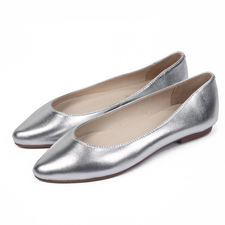 春新款软羊皮金色银色尖头平底单鞋女黑色牛皮软底平跟舒适工作鞋