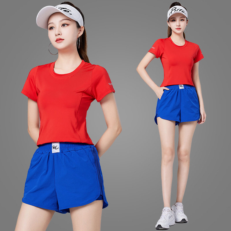 杨丽萍夏广场舞服装新款女速干短袖短裤防走光运动跑步健身套装