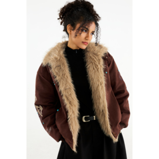 CHAWALANDRO冬季加绒保暖座山雕麂皮棉衣毛毛立领外套情侣复古