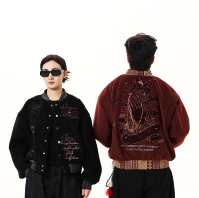美式刺绣重磅藏式棒球外套夹克