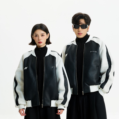 夹克拼色美式羊羔毛保暖加厚潮牌